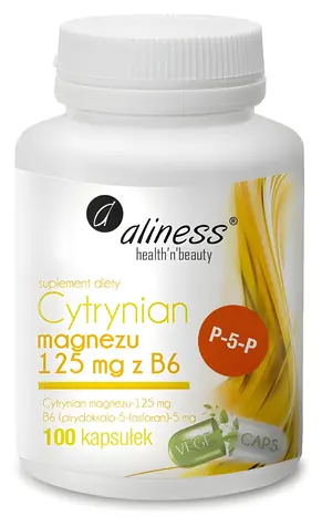 Aliness Cytrynian magnezu 125 mg + B6 / Suplement diety / 100 kapsułek / bezglutenowe / bez cukru