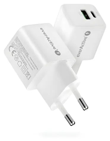 Ładowarka EverActive 20W biała / Ładowarka sieciowa / 1x USB-A / 1x USB-C / Szybkie ładowanie 3.0
