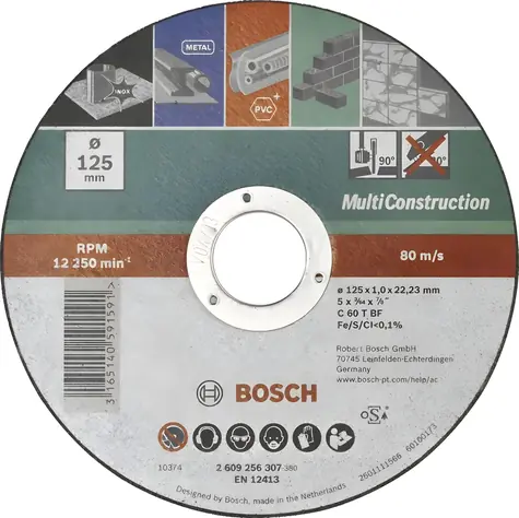 Tarcza tnąca BOSCH  125 mm / Tarcza tnąca / 22,23 mm / Szerokość cięcia 1,0 mm / Prosta