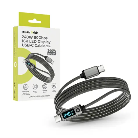 Mobile Origin CB18 Space Grey / Kabel z wyświetlaczem LED / USB-C do USB-C / 240 W PD 3.1 / 80 Gb/s / 8K/60Hz / 1,5 m