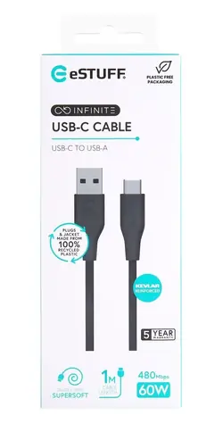 eSTUFF INFINITE (GRS) czarny / Kabel / USB-C - USB-A / 1 m / 60 W / GRS plastik z recyklingu