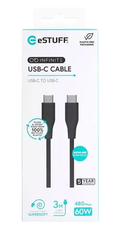 eSTUFF INFINITE (GRS) czarny / kabel USB-C / 3 m / 60 W / GRS plastik z recyklingu