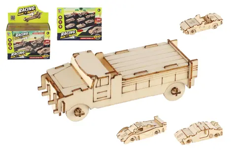 Drewniane puzzle 3D autko / Zestaw do budowania / 4 elementy / od 6 lat