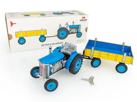 Ciągnik KOVAP Zetor z platformą, niebieski / metalowy / na kluczyk / skala 1:25 / 28 cm / od 3 lat