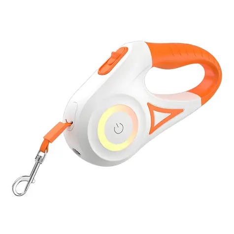 Smycz automatyczna LED Rojeco biało-pomarańczowa / Smycz dla psa / Samozwijająca / 5 m / Podświetlenie RGB / do 35 kg
