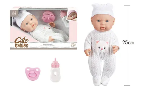 MIŚKI Lalka bobas ze smoczkiem i butelką / 25 cm / Ciało stałe / Plastik