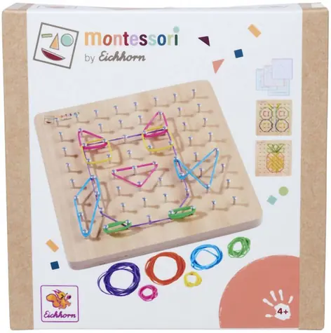 EICHHORN Montessori tablica geometryczna z gumkami / 64 kołki / drewno / od 4 lat
