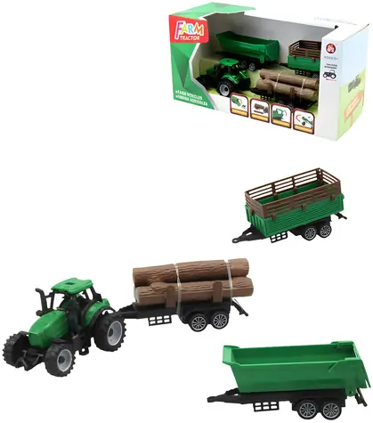Zielony traktor z 3 przyczepami i kłodami drewna / Traktor / Zestaw do zabawy / Plastik / od 3 lat