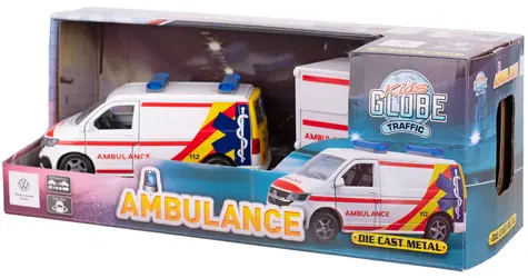 KIDS GLOBE Traffic VW Transporter ambulans z przyczepą / Samochód z przyczepą / 27,5 cm / Metal, plastik / od 3 lat