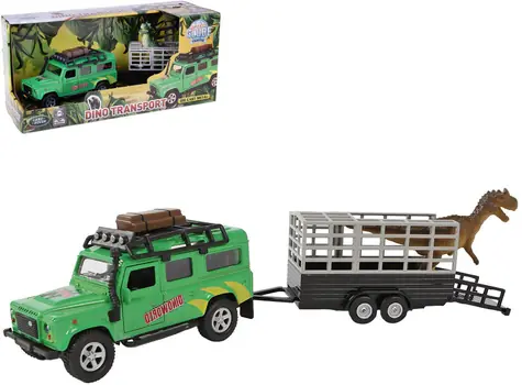 KIDS GLOBE Traffic Land Rover z przyczepą i dinozaurem / Samochód z przyczepą / 28 cm / metal / od 3 lat
