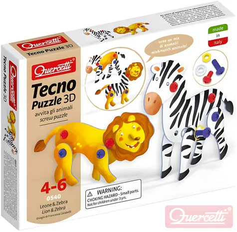 QUERCETTI Tecno Puzzle 3D Lew i ZEBRA / 26 elementów / Karton + plastik / 4+