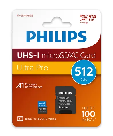 Philips microSDXC 512 GB + adapter / Karta pamięci / Klasa 10 / UHS-I U3 / V30 / odczyt 100 MB/s