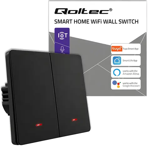 Qoltec 52708 czarny / Inteligentny przełącznik / 2 kanały / Wi-Fi / Tuya / SMART Life / Timer
