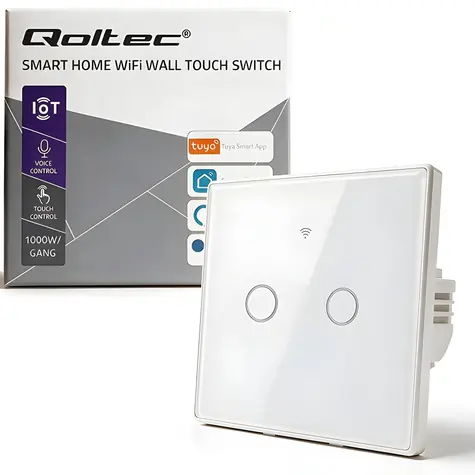 Qoltec 52716 biały / Przełącznik dotykowy / 2 kanały / Wi-Fi 2.4 GHz / Tuya SMART Life / Timer