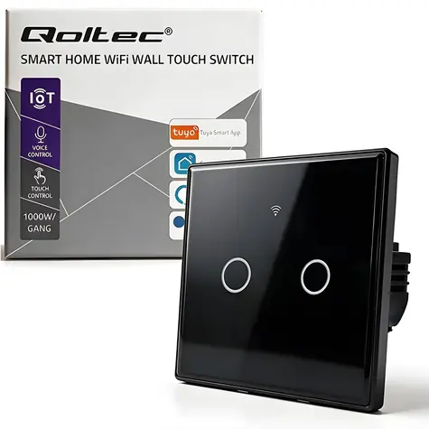 Qoltec 52712 czarny / Inteligentny przełącznik dotykowy / 2 kanały / Wi-Fi / Tuya / szkło hartowane
