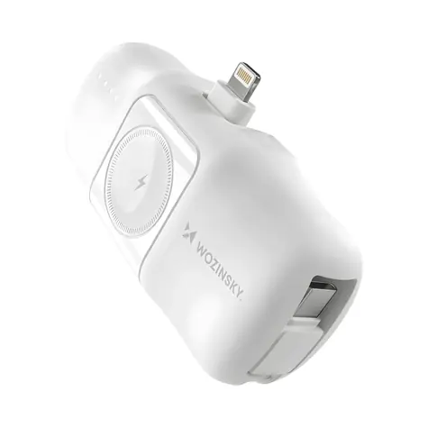 Wozinsky WF16-YLS biały / Powerbank / 5000 mAh / 15 W / wbudowane kable Lightning i USB-C / ładowarka do Apple Watch