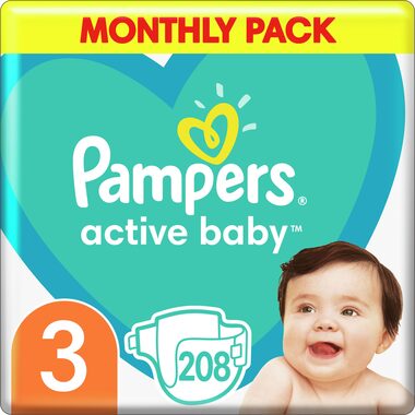 Pakiet miesięczny Pampers Active Baby Midi (208 szt.) / Pieluszki / Rozmiar 3 (6-10 kg)