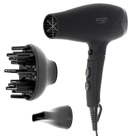 Adler AD 2267 czarny / Suszarka do włosów / 2100 W / 3 temperatury / 2 prędkości / dyfuzor / koncentrator / gumowa osłona