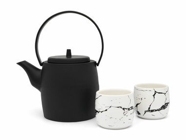 Bredemeijer Kobe Czajniczek + 2 filiżanki czarne / 1,2 l / czajniczek żeliwny / filiżanki porcelanowe