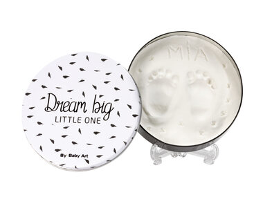 Okrągłe czarno-białe pudełko Baby Art Magic Box z nadrukiem dłoni lub stóp