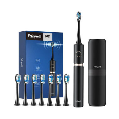 FairyWill FW-P11 z etui czarna / Elektryczna szczoteczka do zębów / 31 000 wibracji / 3 tryby / 8 głowic 
