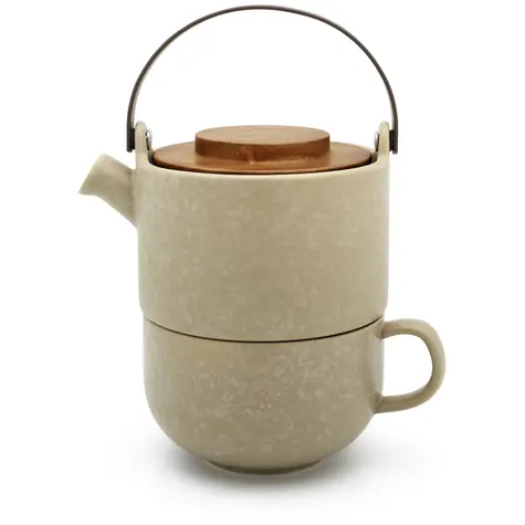 Bredemeijer Umea Czajnik beżowy / 500 ml / pokrywa ceramiczna / akacjowa 