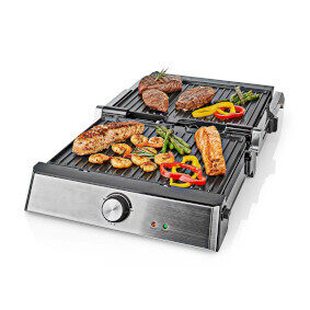 Nedis KAGR151FSR srebrny / Grill kontaktowy / 2000 W / płyta 290 x 230 mm / regulowana kontrola temperatury / stal nierdzewna 