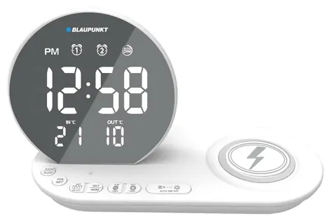 Blaupunkt CR85WH CHARGE biały / radiobudzik / wyświetlacz LCD / ładowarka bezprzewodowa / termometr wewnętrzny/zewnętrzny