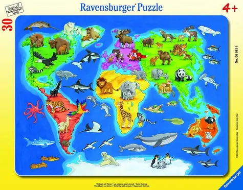 Ravensburger - Puzzle - Mapa świata ze zwierzętami / 30 elementów / od 4 lat