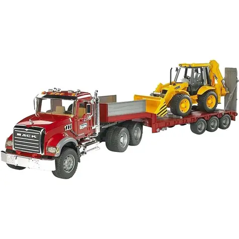 Ciężarówka Bruder 02813 MACK Granite z przyczepą i traktorem JCB 4CX / 1:16 / od 3 lat