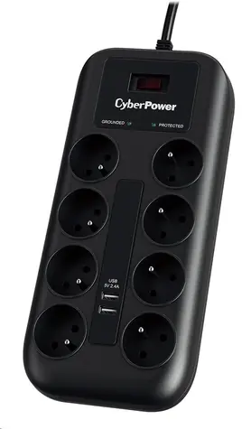 CyberPower P0820SUF0-FR czarny / Ochrona przeciwprzepięciowa / 8 gniazd / przełącznik / 2x USB / 1,8 m