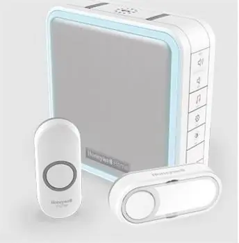 Bezprzewodowy dzwonek do drzwi Honeywell Home DC915N Seria 9 / 200m / 8 melodii / podstawa przenośna / 2x przycisk (tabliczka znamionowa, design)