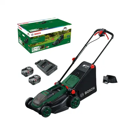 BOSCH Rotak 18V2-38 / Kosiarka akumulatorowa / 18 V / Szerokość koszenia 38 cm / Kosz na trawę 40 l / 2 x 4,0 Ah
