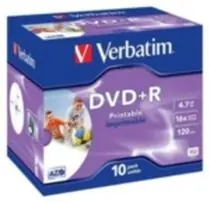 10 szt. DVD+ R 4,7 GB Verbatim 16x / Photo Injekt do druku / JewelCase