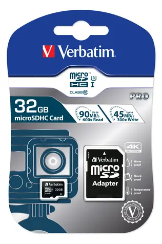Verbatim microSDHC Pro 32GB + adapter / karta pamięci / UHS-I (U3) / klasa 10 / do 90 MB
