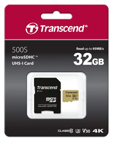 Transcend 500S Micro SDHC 32 GB + adapter / UHS-I / U3 / V30 / R: 95 MB / W: 60 MB