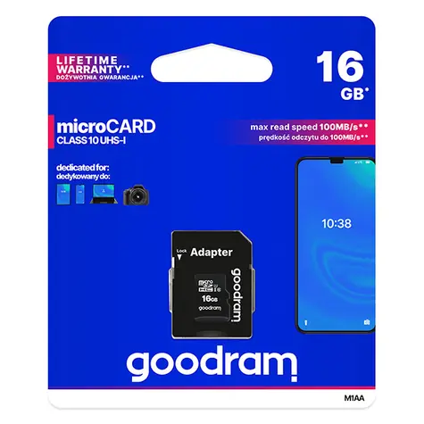 Goodram microSDHC 16GB + adapter / Klasa 10 / UHS-I U1 / R: 100 MBs / Szer. : 10 MBs