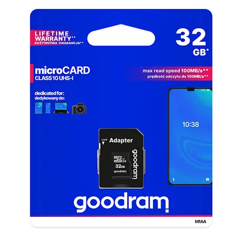 Goodram microSDHC 32GB + adapter / Klasa 10 / UHS-I U1 / R: 100 MBs / Szer. : 10 MBs