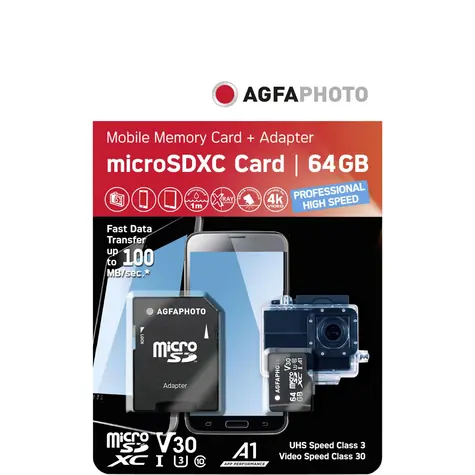 AGFAPHOTO MicroSDXC 64 GB + Adapter (10582A1) / R:100 MB/s / W:50 MB/s / Klasa V30 