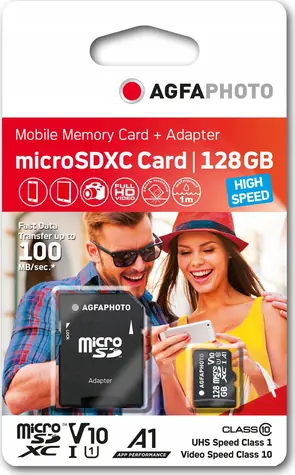 AGFAPHOTO MicroSDXC 128 GB + Adapter / R:100 MB/s / W:20 MB/s / Klasa 10 