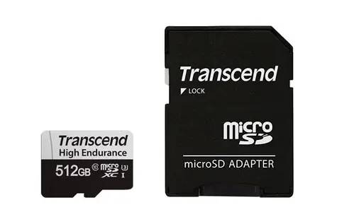 Transcend 350V microSDXC 512 GB + adapter / Klasa 10 / UHS-I / U3 / R: 95 MB / W: 45 MB
