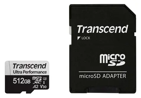 Transcend 340S microSDXC 512 GB + adapter / Klasa 10 / UHS-I / U3 / V30 / R: 160 MB / W: 125 MB