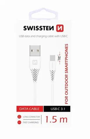 Swissten kabel do transmisji danych USB - USB-C 3.1 (9mm) biały 1,5m 