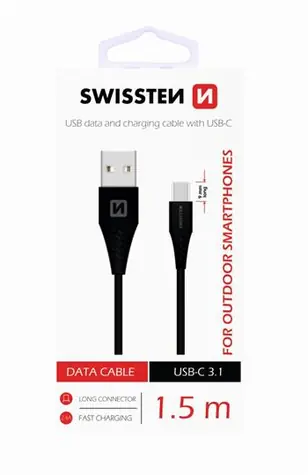 Swissten kabel do transmisji danych USB - USB-C 3.1 (9mm) czarny 1,5m 