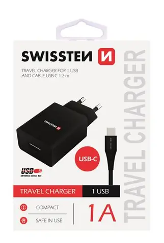 Adapter sieciowy Swissten SMART IC 1x USB 1A POWER + kabel do transmisji danych USB - USB-C 1,2m czarny