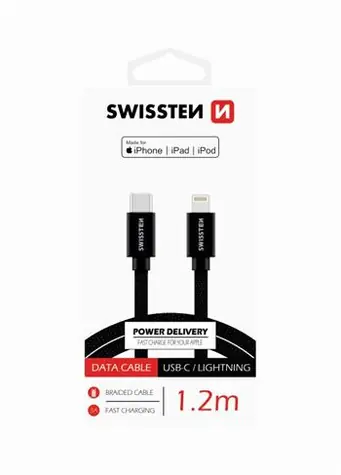 Kabel do transmisji danych Swissten TEXTILE USB-C - LIGHTNING MFi 1,2m czarny