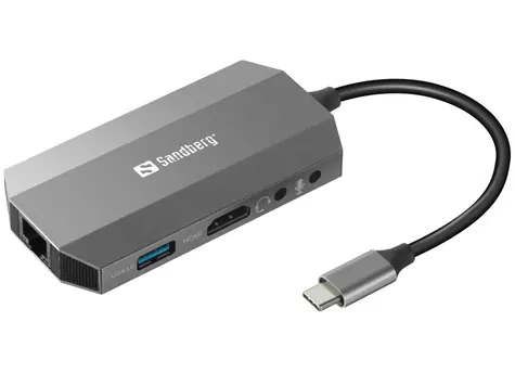 Stacja dokująca Sandberg USB-C 6w1 / HDMI / 2xUSB 3.0 / PD 100W / czytnik kart SDµSD / LAN / gniazdo audio i mikrofonu