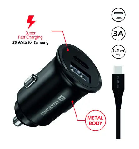 Adapter Swissten CL 2x kabel USB+ USB-C 25W czarny / SUPER CHARGE 25W 