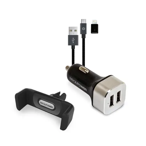 Mobilny zestaw samochodowy RealPower / uchwyt na telefon i 2-portowa ładowarka USB / microUSB do Lightning