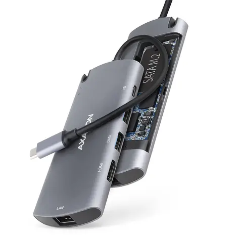 Axagon HMC-6M2, koncentrator USB 5Gbps, 2x USB-A, HDMI 4k/30Hz, RJ-45 GLAN, gniazdo SATA M.2, PD 100W, kabel USB-C 18cm